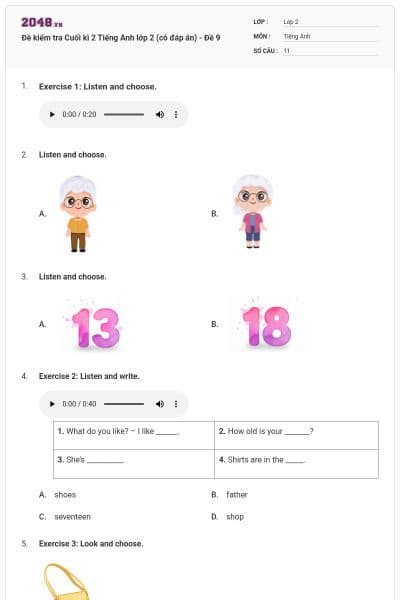 Đề kiểm tra Cuối kì 2 Tiếng Anh lớp 2 (có đáp án) - Đề 9
