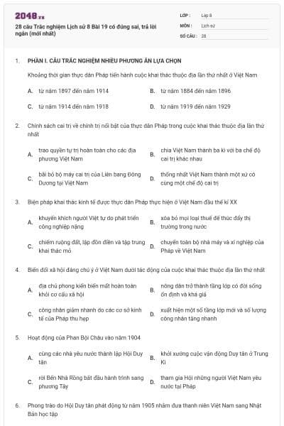 28 câu Trắc nghiệm Lịch sử 8 Bài 19 có đúng sai, trả lời ngắn (mới nhất)