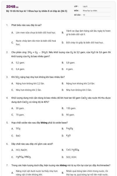 Bộ 10 đề thi học kì 1 Khoa học tự nhiên 8 có đáp án (Đề 5)