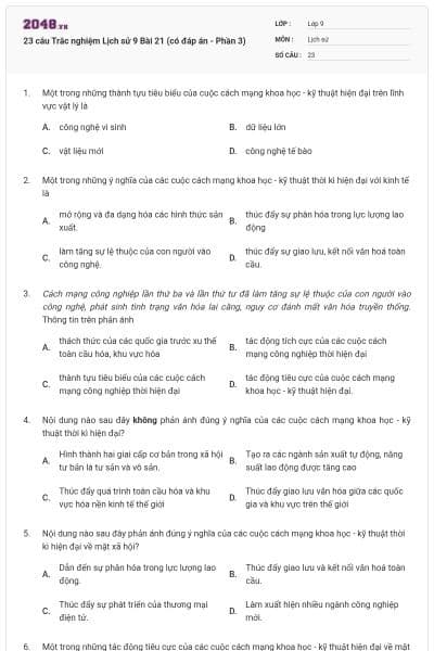 23 câu Trắc nghiệm Lịch sử 9 Bài 21 (có đáp án - Phần 3)