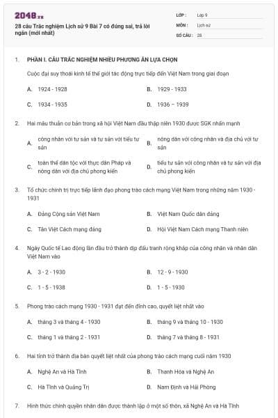28 câu Trắc nghiệm Lịch sử 9 Bài 7 có đúng sai, trả lời ngắn (mới nhất)