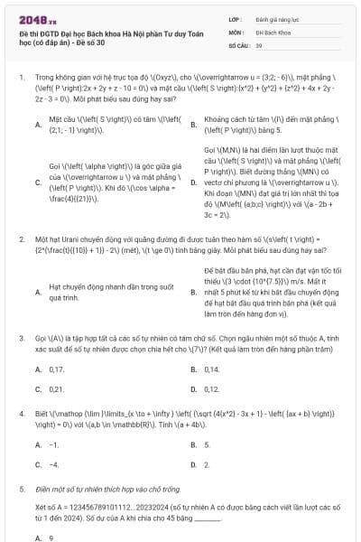 Đề thi ĐGTD Đại học Bách khoa Hà Nội phần Tư duy Toán học (có đáp án) - Đề số 30