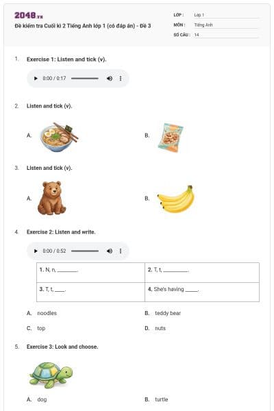 Đề kiểm tra Cuối kì 2 Tiếng Anh lớp 1 (có đáp án) - Đề 3