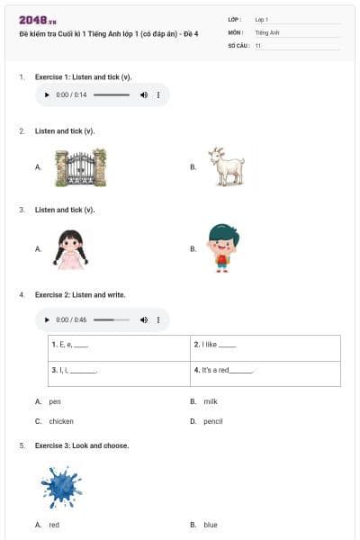 Đề kiểm tra Cuối kì 1 Tiếng Anh lớp 1 (có đáp án) - Đề 4