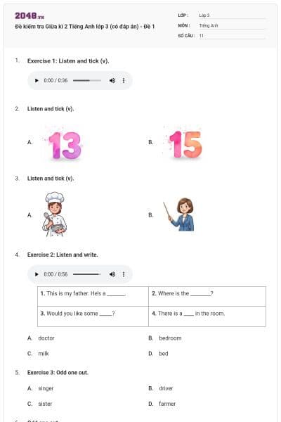 Đề kiểm tra Giữa kì 2 Tiếng Anh lớp 3 (có đáp án) - Đề 1