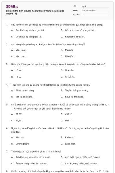 Đề kiểm tra định kì Khoa học tự nhiên 9 Chủ đề 2 có đáp án (Đề 14)