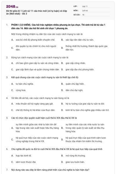 Đề thi giữa kì 1 Lịch sử 11 cấu trúc mới (có tự luận) có đáp án (Mới nhất) - Đề 3