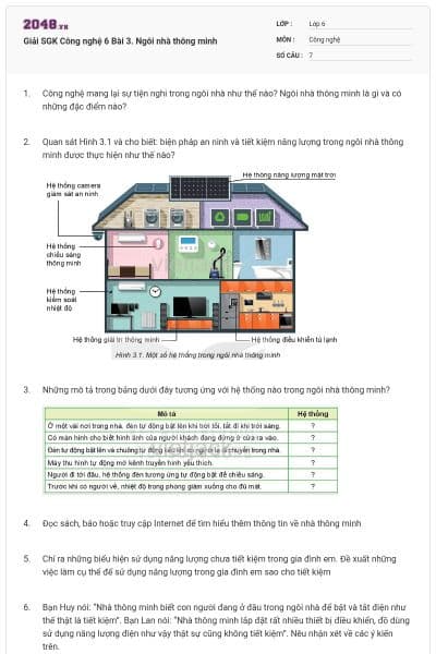 Giải SGK Công nghệ 6 Bài 3. Ngôi nhà thông minh