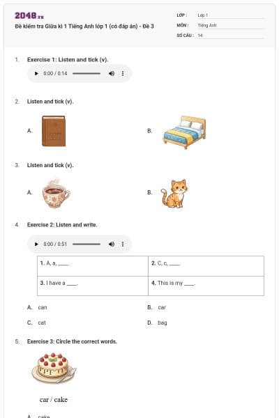 Đề kiểm tra Giữa kì 1 Tiếng Anh lớp 1 (có đáp án) - Đề 3
