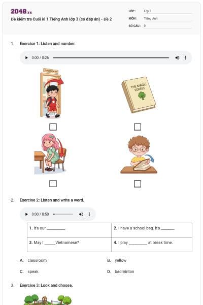 Đề kiểm tra Cuối kì 1 Tiếng Anh lớp 3 (có đáp án) - Đề 2