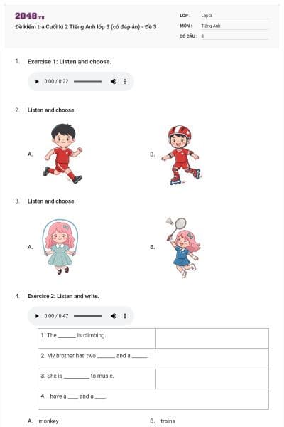 Đề kiểm tra Cuối kì 2 Tiếng Anh lớp 3 (có đáp án) - Đề 3