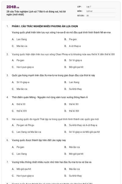 28 câu Trắc nghiệm Lịch sử 7 Bài 6 có đúng sai, trả lời ngắn (mới nhất)