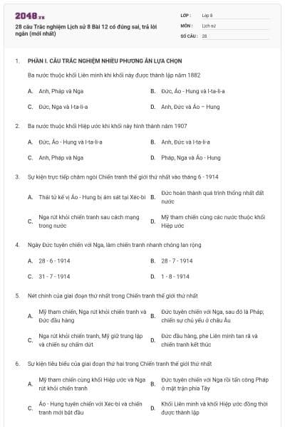 28 câu Trắc nghiệm Lịch sử 8 Bài 12 có đúng sai, trả lời ngắn (mới nhất)