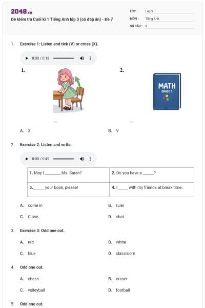 Đề kiểm tra Cuối kì 1 Tiếng Anh lớp 3 (có đáp án) - Đề 7