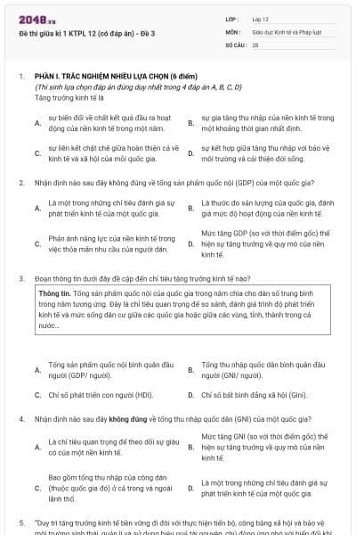 Đề thi giữa kì 1 KTPL 12 (có đáp án) - Đề 3