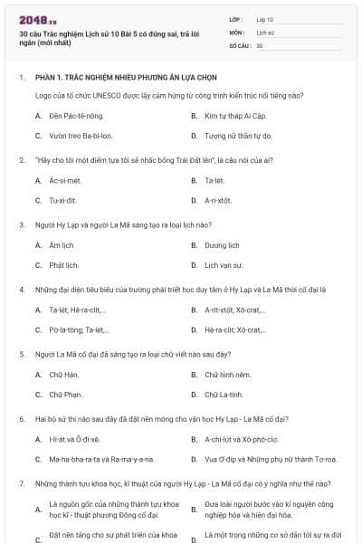 30 câu Trắc nghiệm Lịch sử 10 Bài 5 có đúng sai, trả lời ngắn (mới nhất)