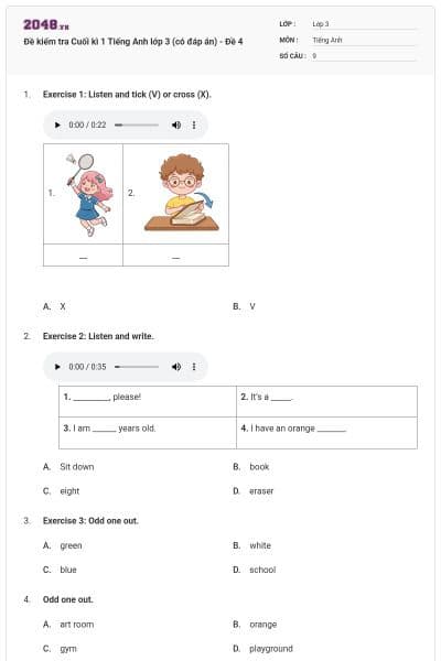 Đề kiểm tra Cuối kì 1 Tiếng Anh lớp 3 (có đáp án) - Đề 4