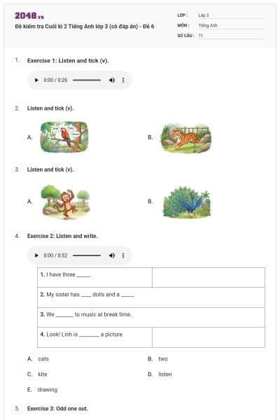 Đề kiểm tra Cuối kì 2 Tiếng Anh lớp 3 (có đáp án) - Đề 6