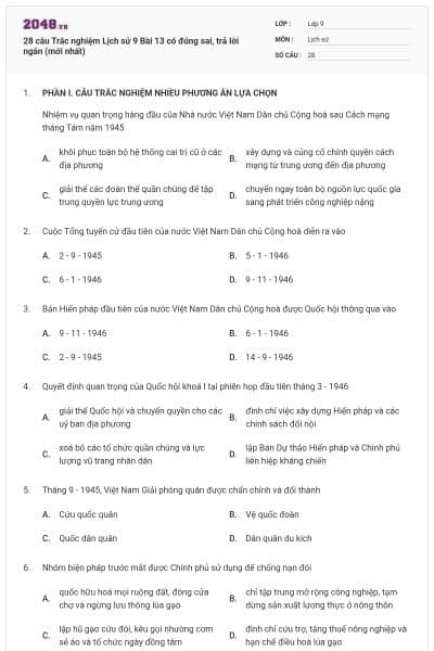 28 câu Trắc nghiệm Lịch sử 9 Bài 13 có đúng sai, trả lời ngắn (mới nhất)