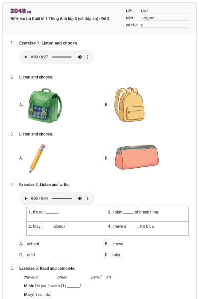 Đề kiểm tra Cuối kì 1 Tiếng Anh lớp 3 (có đáp án) - Đề 3