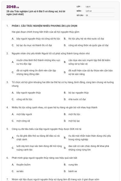 28 câu Trắc nghiệm Lịch sử 6 Bài 5 có đúng sai, trả lời ngắn (mới nhất)