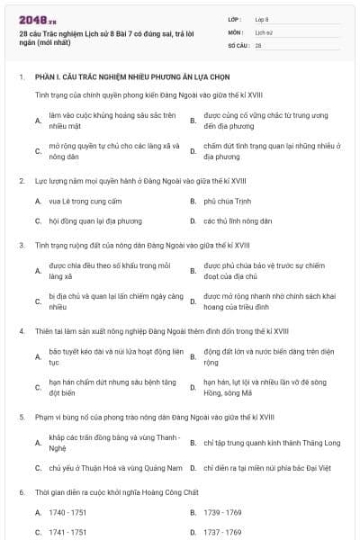 28 câu Trắc nghiệm Lịch sử 8 Bài 7 có đúng sai, trả lời ngắn (mới nhất)
