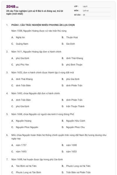 28 câu Trắc nghiệm Lịch sử 8 Bài 6 có đúng sai, trả lời ngắn (mới nhất)