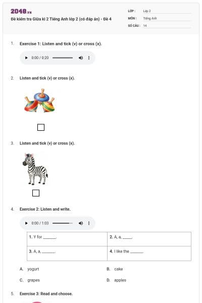 Đề kiểm tra Giữa kì 2 Tiếng Anh lớp 2 (có đáp án) - Đề 4