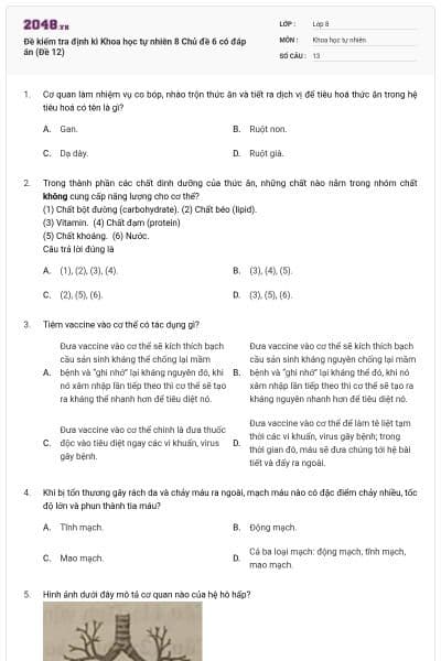 Đề kiểm tra định kì Khoa học tự nhiên 8 Chủ đề 6 có đáp án (Đề 12)