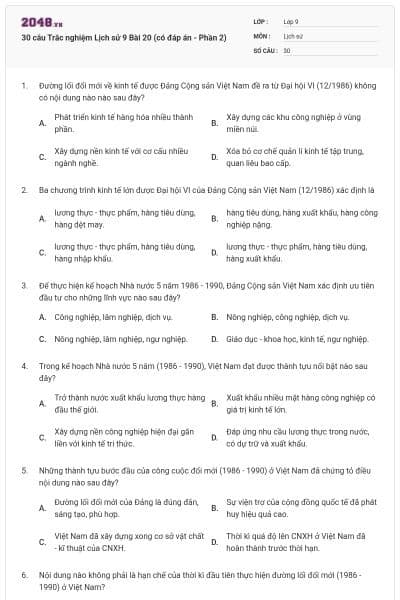 30 câu Trắc nghiệm Lịch sử 9 Bài 20 (có đáp án - Phần 2)