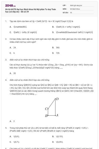 Đề thi ĐGTD Đại học Bách khoa Hà Nội phần Tư duy Toán học (có đáp án) - Đề số 29