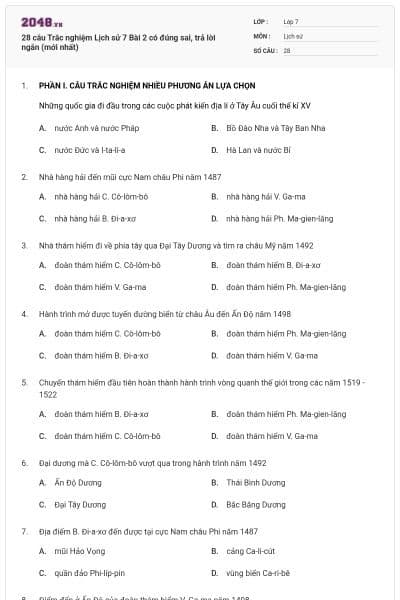 28 câu Trắc nghiệm Lịch sử 7 Bài 2 có đúng sai, trả lời ngắn (mới nhất)