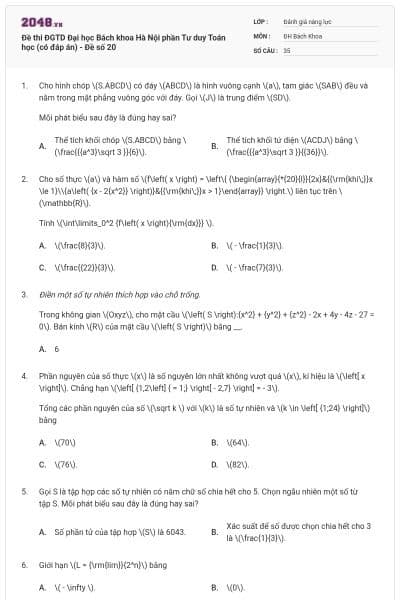 Đề thi ĐGTD Đại học Bách khoa Hà Nội phần Tư duy Toán học (có đáp án) - Đề số 20
