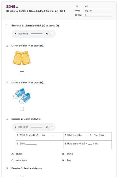 Đề kiểm tra Cuối kì 2 Tiếng Anh lớp 2 (có đáp án) - Đề 4