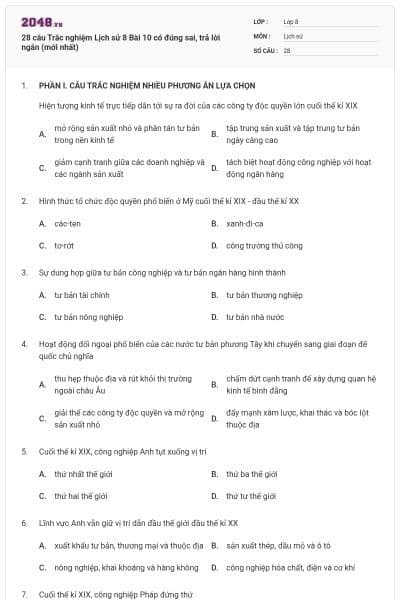 28 câu Trắc nghiệm Lịch sử 8 Bài 10 có đúng sai, trả lời ngắn (mới nhất)