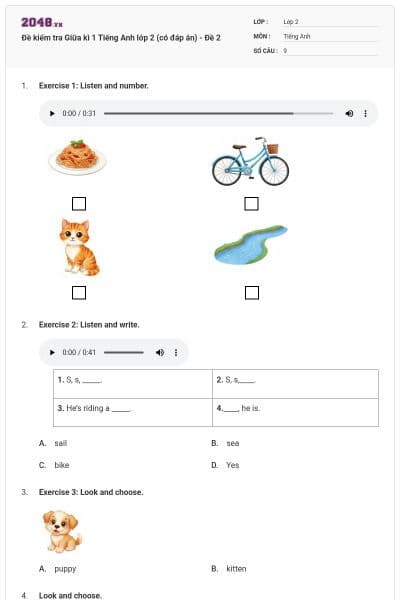 Đề kiểm tra Giữa kì 1 Tiếng Anh lớp 2 (có đáp án) - Đề 2