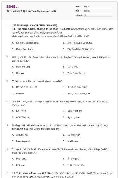 Đề thi giữa kì 1 Lịch sử 7 có đáp án (sách mới)