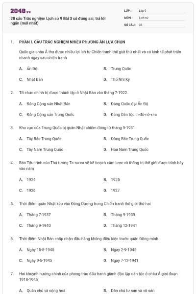 28 câu Trắc nghiệm Lịch sử 9 Bài 3 có đúng sai, trả lời ngắn (mới nhất)