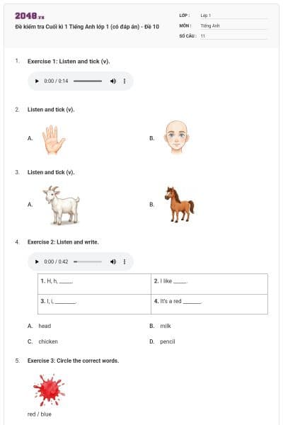 Đề kiểm tra Cuối kì 1 Tiếng Anh lớp 1 (có đáp án) - Đề 10