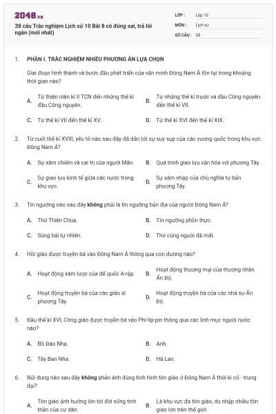 38 câu Trắc nghiệm Lịch sử 10 Bài 8 có đúng sai, trả lời ngắn (mới nhất)
