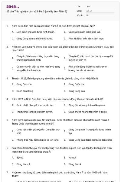 25 câu Trắc nghiệm Lịch sử 9 Bài 3 (có đáp án - Phần 2)
