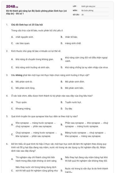 Đề thi Đánh giá năng lực Bộ Quốc phòng phần Sinh học (có đáp án) - Đề số 1