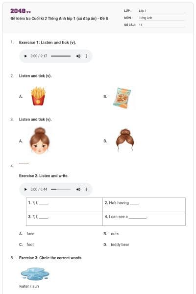 Đề kiểm tra Cuối kì 2 Tiếng Anh lớp 1 (có đáp án) - Đề 8