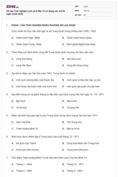 28 câu Trắc nghiệm Lịch sử 8 Bài 14 có đúng sai, trả lời ngắn (mới nhất)