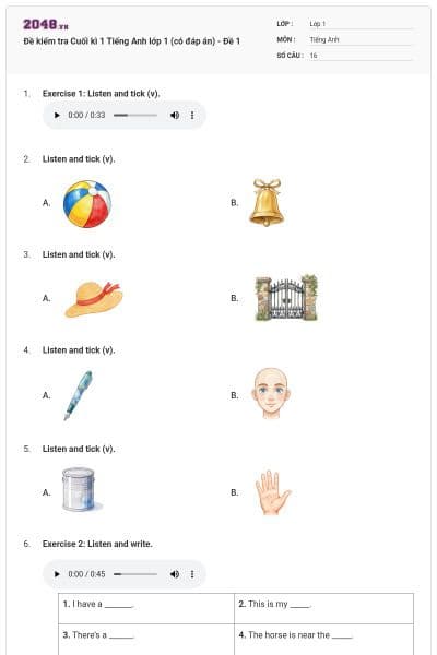 Đề kiểm tra Cuối kì 1 Tiếng Anh lớp 1 (có đáp án) - Đề 1