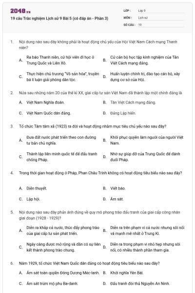 19 câu Trắc nghiệm Lịch sử 9 Bài 5 (có đáp án - Phần 3)
