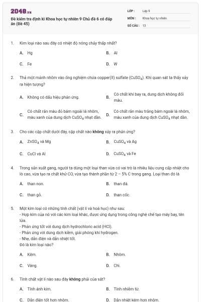 Đề kiểm tra định kì Khoa học tự nhiên 9 Chủ đề 6 có đáp án (Đề 45)