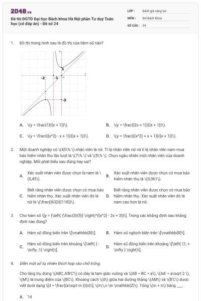 Đề thi ĐGTD Đại học Bách khoa Hà Nội phần Tư duy Toán học (có đáp án) - Đề số 24