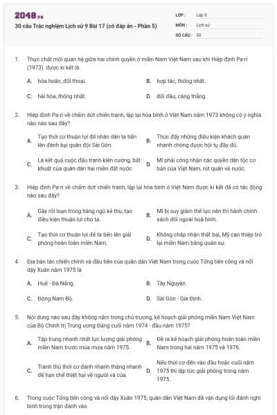 30 câu Trắc nghiệm Lịch sử 9 Bài 17 (có đáp án - Phần 5)
