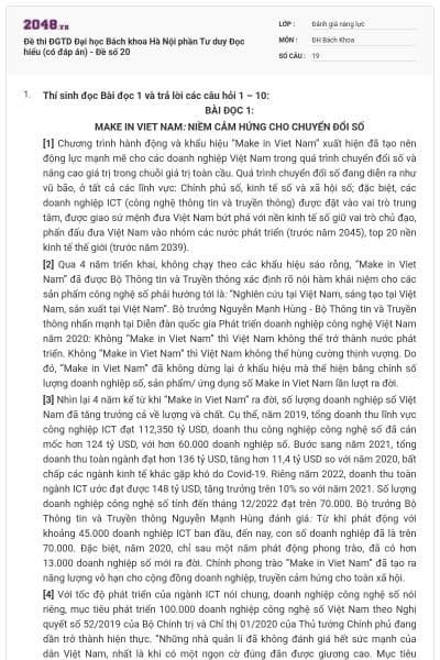 Đề thi ĐGTD Đại học Bách khoa Hà Nội phần Tư duy Đọc hiểu (có đáp án) - Đề số 20